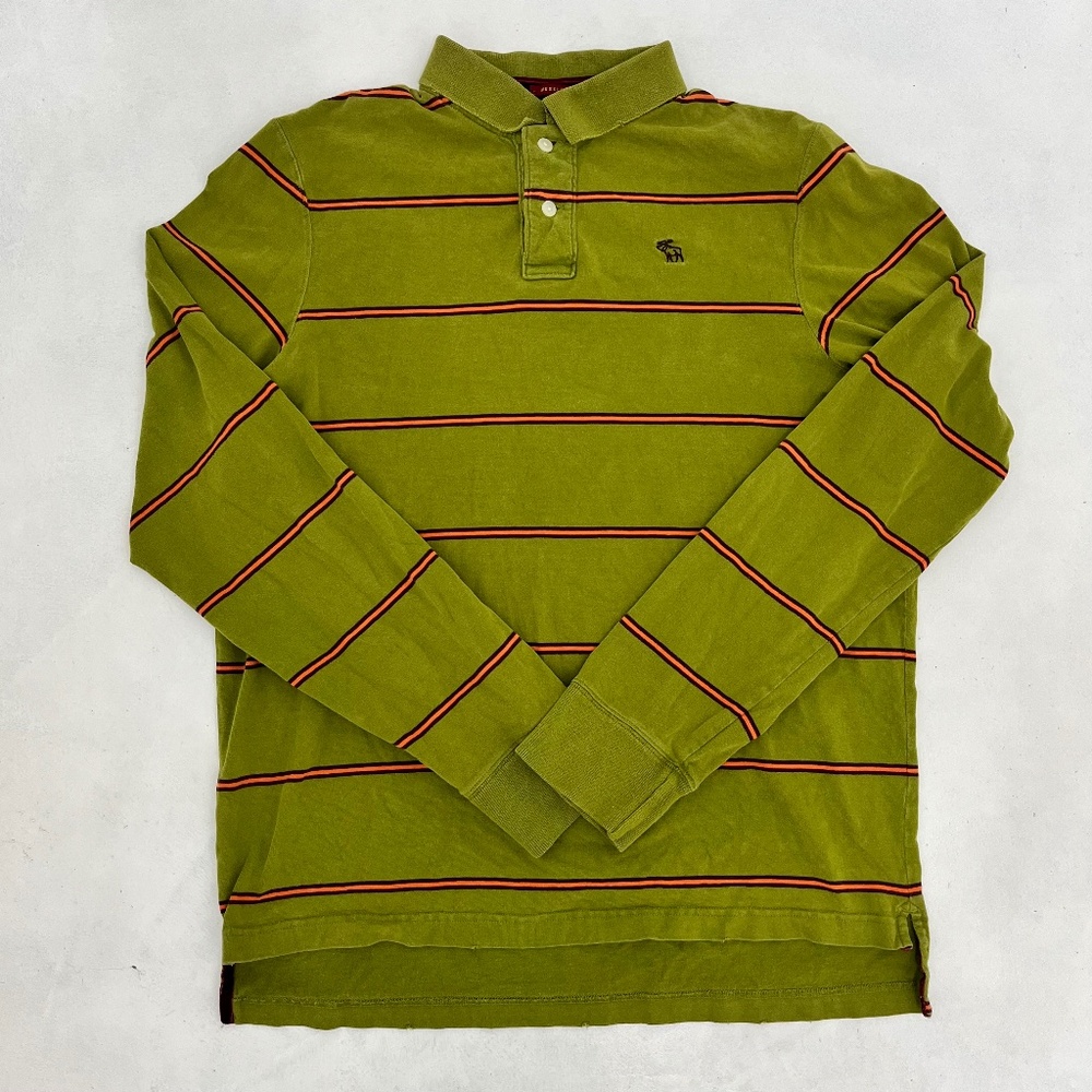 Abercrombie & Fitch Muscle L Polo Shirt Green Striped Long Sleeve High Low‎ Hem